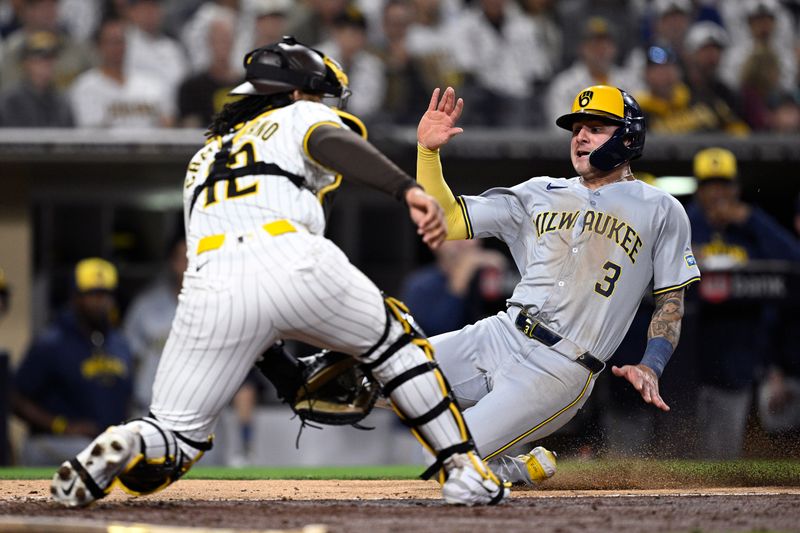Jun 20, 2024; San Diego, California, USA; Milwaukee Brewers third baseman Joey Ortiz (3) scores a run ahead of the throw to San Diego Padres catcher Luis Campusano (12) during the eighth inning at Petco Park. Mandatory Credit: Orlando Ramirez-USA TODAY Sports