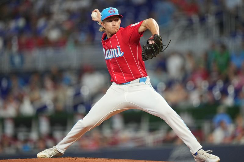 Sep 7, 2024; Miami, Florida, USA;  Miami Marlins pitcher Darren McCaughan (68) pitches in the first inning against the Philadelphia Phillies at loanDepot Park. Mandatory Credit: Jim Rassol-Imagn Images