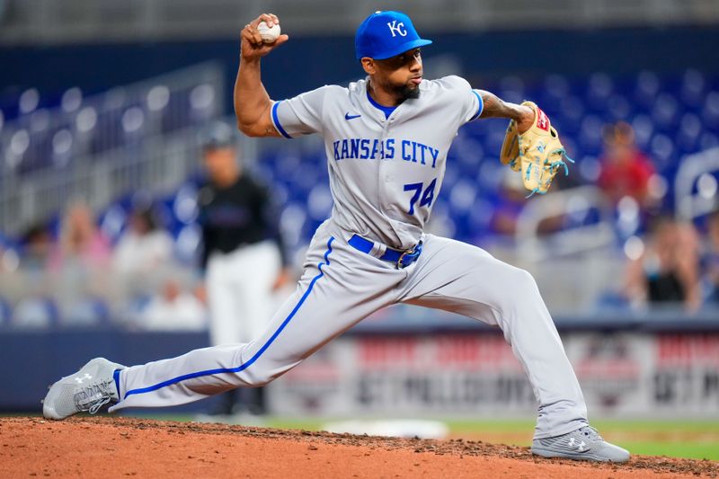 Jun 7, 2023; Miami, Florida, USA; Kansas City Royals relief pitcher Jose Cuas (74) throws a pitch against the Miami Marlins during the eighth inning at loanDepot Park. Mandatory Credit: Rich Storry-USA TODAY Sports