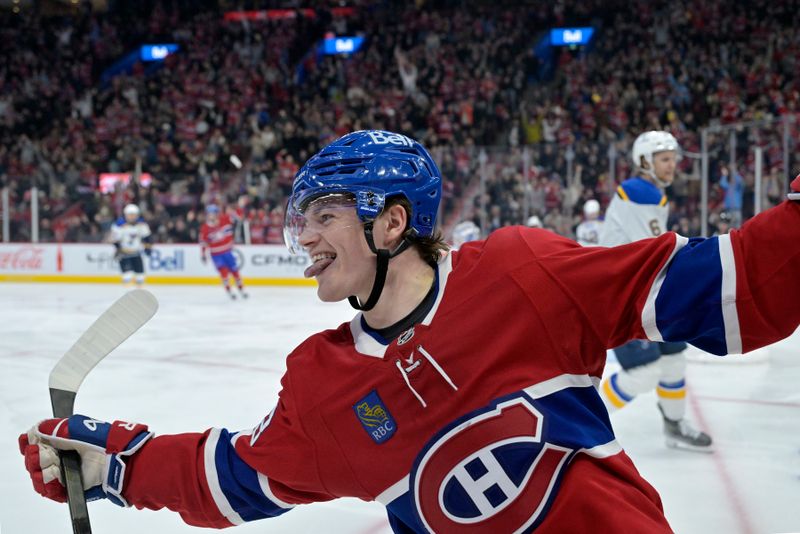 Oct 26, 2024; Montreal, Quebec, CAN; Montreal Canadiens forward Cole Caufield (13) celebrates after scoring a goal against the St.Louis Blues during the third period at the Bell Centre. Mandatory Credit: Eric Bolte-Imagn Images