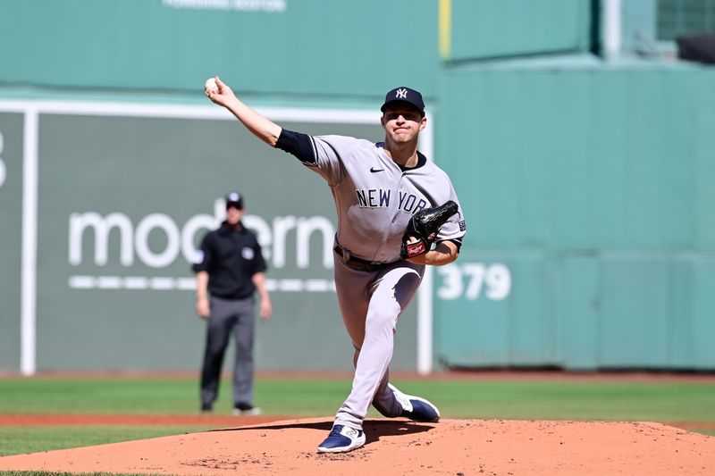 Sep 14, 2023; Boston, Massachusetts, USA; New York Yankees starting pitcher Michael King (34) pitches against the Boston Red Sox during the first inning at Fenway Park. Mandatory Credit: Eric Canha-USA TODAY Sports