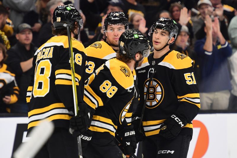 Oct 24, 2024; Boston, Massachusetts, USA;  Boston Bruins right wing David Pastrnak (88) is congratulated by his line mates after scoring a goal during the first period against the Dallas Stars at TD Garden. Mandatory Credit: Bob DeChiara-Imagn Images