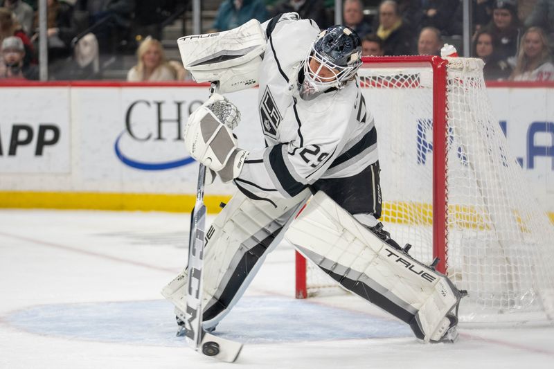 Feb 21, 2023; Saint Paul, Minnesota, USA; Los Angeles Kings goaltender Pheonix Copley (29) clears the puck against the Minnesota Wild in the second period at Xcel Energy Center. Mandatory Credit: Matt Blewett-USA TODAY Sports