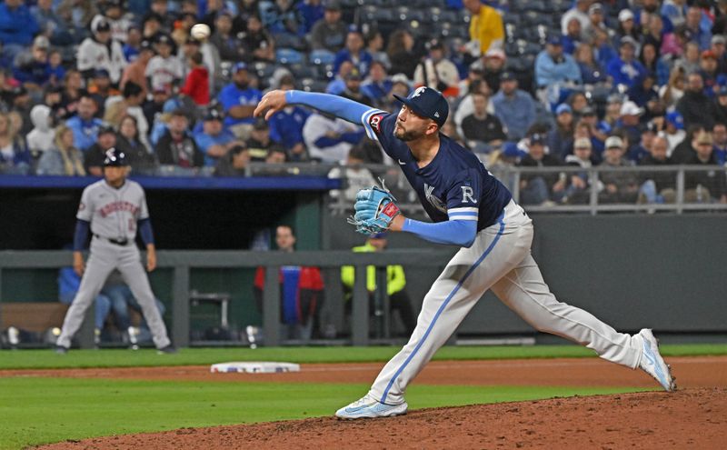 Apr 25, 2025; Kansas City, Missouri, USA;  Kansas City Royals relief pitcher Lucas Erceg (60) throws a pitch in the ninth inning against the Houston Astros at Kauffman Stadium. Mandatory Credit: Peter Aiken-Imagn Images