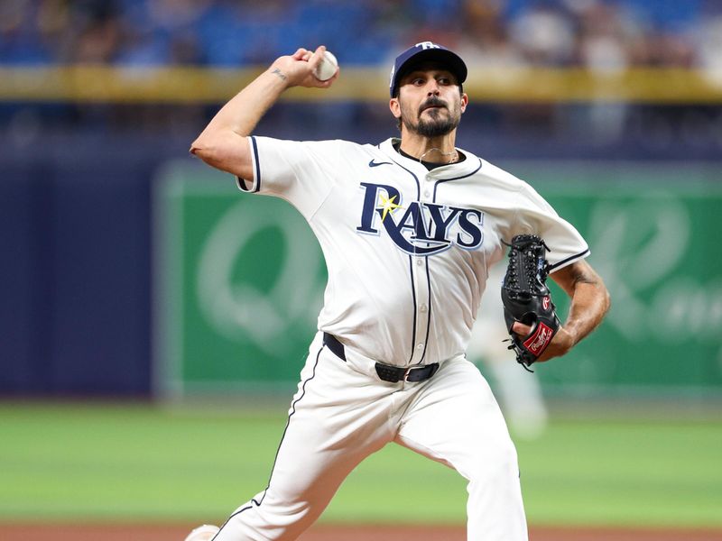 Apr 15, 2024; St. Petersburg, Florida, USA;  Tampa Bay Rays pitcher Zach Eflin (42) throws a pitch against the Los Angeles Angels in the fourth inning during Jackie Robinson day at Tropicana Field. Mandatory Credit: Nathan Ray Seebeck-USA TODAY Sports