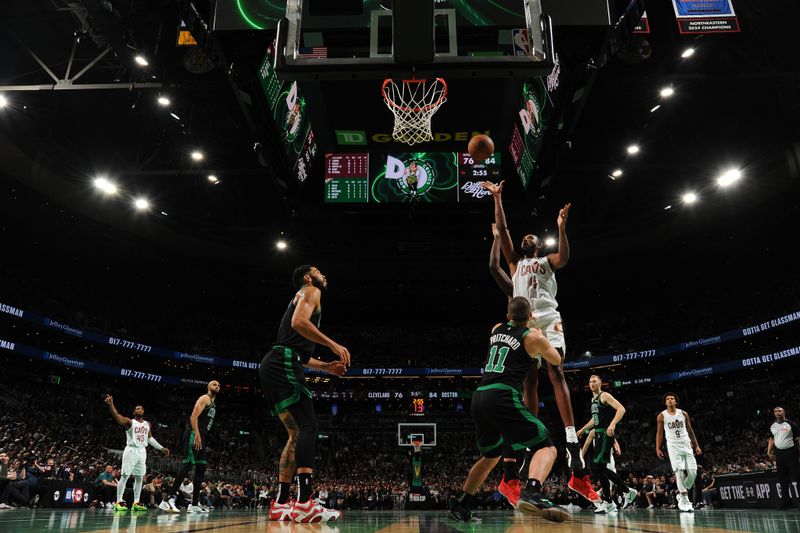 BOSTON, MA - NOVEMBER 19:  Evan Mobley #4 of the Cleveland Cavaliers shoots the ball during the game against the Boston Celtics during the Emirates NBA Cup game on November 19, 2024 at TD Garden in Boston, Massachusetts. NOTE TO USER: User expressly acknowledges and agrees that, by downloading and/or using this Photograph, user is consenting to the terms and conditions of the Getty Images License Agreement. Mandatory Copyright Notice: Copyright 2024 NBAE (Photo by Brian Babineau/NBAE via Getty Images)