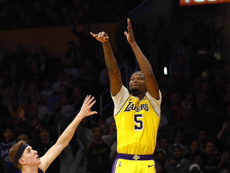 LOS ANGELES, CALIFORNIA - NOVEMBER 15:   Cam Reddish #5 of the Los Angeles Lakers at Crypto.com Arena on November 15, 2023 in Los Angeles, California.  NOTE TO USER: User expressly acknowledges and agrees that, by downloading and/or using this photograph, user is consenting to the terms and conditions of the Getty Images License Agreement. (Photo by Ronald Martinez/Getty Images)