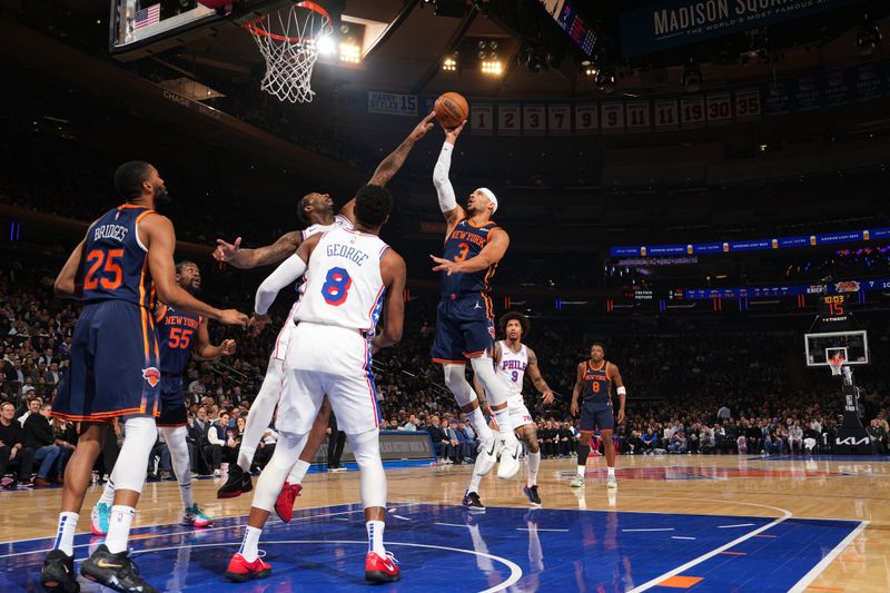 NEW YORK, NY - FEBRUARY 26:  Josh Hart #3 of the New York Knicks shoots the ball during the game against the Philadelphia 76ers on February 26, 2025 at Madison Square Garden in New York City, New York.  NOTE TO USER: User expressly acknowledges and agrees that, by downloading and or using this photograph, User is consenting to the terms and conditions of the Getty Images License Agreement. Mandatory Copyright Notice: Copyright 2025 NBAE  (Photo by Jesse D. Garrabrant/NBAE via Getty Images)