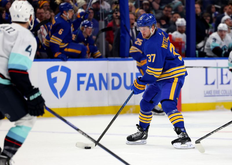 Jan 9, 2024; Buffalo, New York, USA;  Buffalo Sabres center Casey Mittelstadt (37) skates with the puck during the second period against the Seattle Kraken at KeyBank Center. Mandatory Credit: Timothy T. Ludwig-USA TODAY Sports