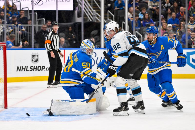 Oct 23, 2025; St. Louis, Missouri, USA; St. Louis Blues goaltender Jordan Binnington (50) gives up a goal to Utah Mammoth center Nick Schmaltz (not pictured) during the third period at Enterprise Center. Mandatory Credit: Jeff Curry-Imagn Images