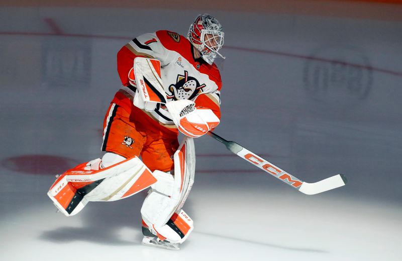 Oct 31, 2024; Pittsburgh, Pennsylvania, USA;  Anaheim Ducks goaltender Lukas Dostal (1) takes the ice to warm up before the game against the Pittsburgh Penguins at PPG Paints Arena. Mandatory Credit: Charles LeClaire-Imagn Images