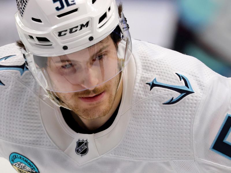 Jan 9, 2024; Buffalo, New York, USA;  Seattle Kraken left wing Tye Kartye (52) waits for the face-off during the first period against the Buffalo Sabres at KeyBank Center. Mandatory Credit: Timothy T. Ludwig-USA TODAY Sports