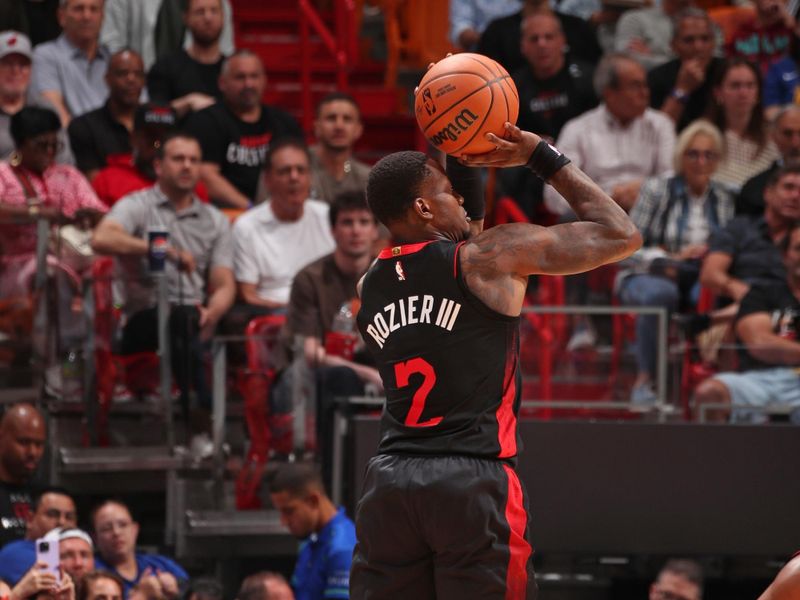 MIAMI, FL - MARCH 26:  Terry Rozier #2 of the Miami Heat shoots the ball during the game against the Golden State Warriors on March 26, 2024 at Kaseya Center in Miami, Florida. NOTE TO USER: User expressly acknowledges and agrees that, by downloading and or using this Photograph, user is consenting to the terms and conditions of the Getty Images License Agreement. Mandatory Copyright Notice: Copyright 2024 NBAE (Photo by Issac Baldizon/NBAE via Getty Images)