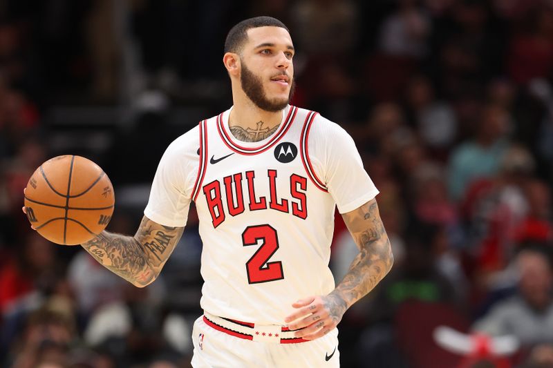 CHICAGO, ILLINOIS - OCTOBER 16: Lonzo Ball #2 of the Chicago Bulls dribbles up the court against the Minnesota Timberwolves during the first half of a preseason game at the United Center on October 16, 2024 in Chicago, Illinois. NOTE TO USER: User expressly acknowledges and agrees that, by downloading and or using this photograph, User is consenting to the terms and conditions of the Getty Images License Agreement.  (Photo by Michael Reaves/Getty Images)