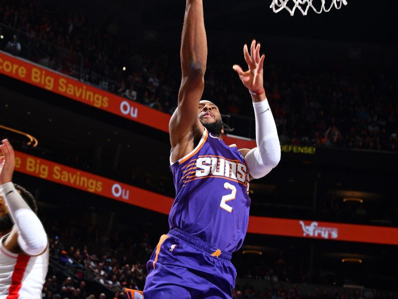 PHOENIX, AZ - MARCH 2: Josh Okogie #2 of the Phoenix Suns shoots the ball during the game against the Houston Rockets on March 2, 2024 at Footprint Center in Phoenix, Arizona. NOTE TO USER: User expressly acknowledges and agrees that, by downloading and or using this photograph, user is consenting to the terms and conditions of the Getty Images License Agreement. Mandatory Copyright Notice: Copyright 2024 NBAE (Photo by Barry Gossage/NBAE via Getty Images)