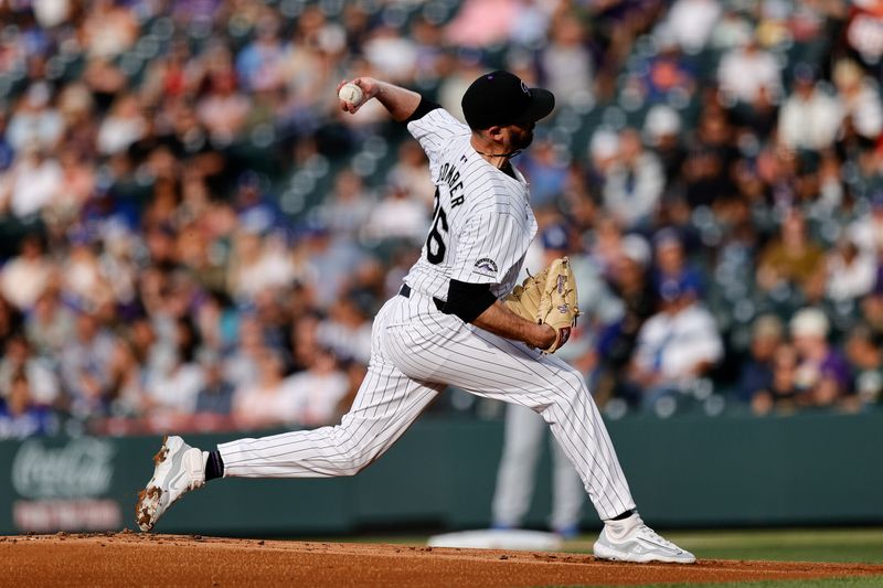 Jun 18, 2024; Denver, Colorado, USA; Colorado Rockies starting pitcher Austin Gomber (26) pitches in the first inning against the Los Angeles Dodgers at Coors Field. Mandatory Credit: Isaiah J. Downing-USA TODAY Sports