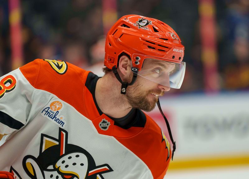 Jan 29, 2026; Vancouver, British Columbia, CAN;  Anaheim Ducks Right Wing Jeffrey Viel (28) during the warmup against Vancouver Canucks at Rogers Arena. Mandatory Credit: Christopher Morris-Imagn Images