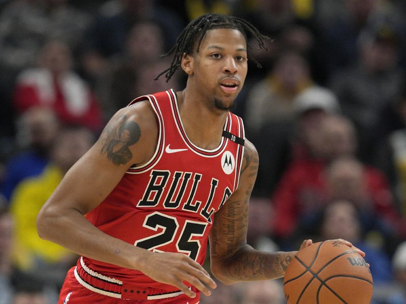 INDIANAPOLIS, INDIANA - JANUARY 08: Dalen Terry #25 of the Chicago Bulls dribbles during an NBA basketball game against the Indiana Pacers at Gainbridge Fieldhouse on January 08, 2025 in Indianapolis, Indiana. NOTE TO USER: User expressly acknowledges and agrees that, by downloading and or using this Photograph, user is consenting to the terms and conditions of the Getty Images License Agreement. (Photo by Jeff Dean/Getty Images)