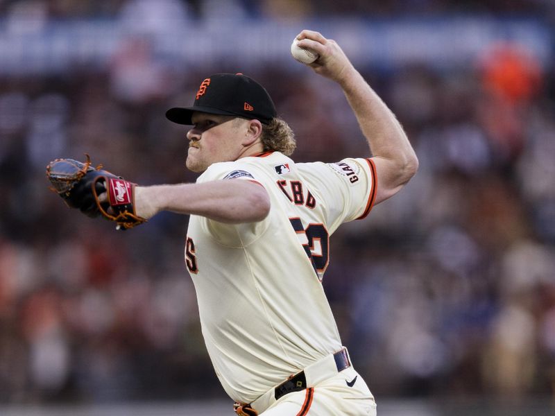 May 15, 2024; San Francisco, California, USA; San Francisco Giants starting pitcher Logan Webb (62) throws against the Los Angeles Dodgers during the third inning at Oracle Park. Mandatory Credit: John Hefti-USA TODAY Sports