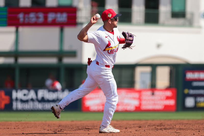 Mar 1, 2026; Jupiter, Florida, USA; St. Louis Cardinals third baseman Ramon Arias (33) throws to first to retire Pittsburgh Pirates center fielder Billy Cook (not pictured) during the third inning at Roger Dean Chevrolet Stadium. Mandatory Credit: Sam Navarro-Imagn Images