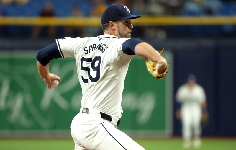 Sep 3, 2024; St. Petersburg, Florida, USA;  Tampa Bay Rays starting pitcher Jeffrey Springs (59) throws a pitch in the second inning against the Minnesota Twins at Tropicana Field. Mandatory Credit: Kim Klement Neitzel-Imagn Images