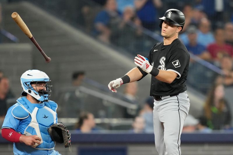 May 22, 2024; Toronto, Ontario, CAN; Chicago White Sox right fielder Zach DeLoach (31) throws his bat after getting a walk against the Toronto Blue Jays during the ninth inning at Rogers Centre. Mandatory Credit: John E. Sokolowski-USA TODAY Sports