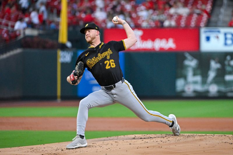 Sep 17, 2024; St. Louis, Missouri, USA;  Pittsburgh Pirates starting pitcher Bailey Falter (26) pitches against the St. Louis Cardinals during the first inning at Busch Stadium. Mandatory Credit: Jeff Curry-Imagn Images