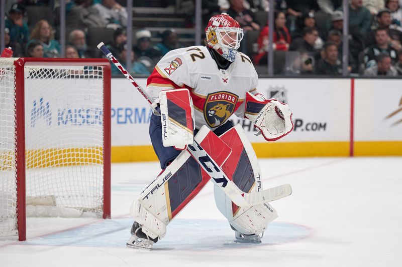 Jan 25, 2025; San Jose, California, USA; Florida Panthers goaltender Sergei Bobrovsky (72) plays his position against the San Jose Sharks during the second period at SAP Center at San Jose. Mandatory Credit: Robert Edwards-Imagn Images