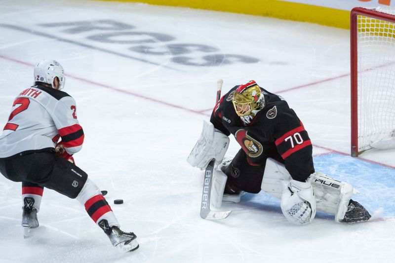 Dec 29, 2023; Ottawa, Ontario, CAN; New Jersey Devils defenseman Brendan Smith (2) shoots on Ottawa Senators goalie Joonas Korpisalo (70) in the third period at the Canadian Tire Centre. Mandatory Credit: Marc DesRosiers-USA TODAY Sports