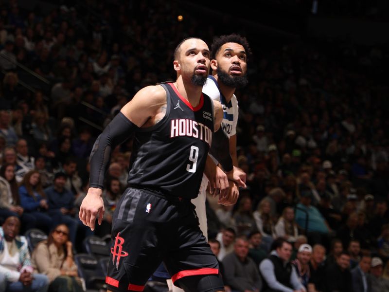 MINNEAPOLIS, MN -  FEBRUARY 4: Dillon Brooks #9 of the Houston Rockets waits for the rebound during the game against the Minnesota Timberwolves on February 4, 2024 at Target Center in Minneapolis, Minnesota. NOTE TO USER: User expressly acknowledges and agrees that, by downloading and or using this Photograph, user is consenting to the terms and conditions of the Getty Images License Agreement. Mandatory Copyright Notice: Copyright 2024 NBAE (Photo by David Sherman/NBAE via Getty Images)