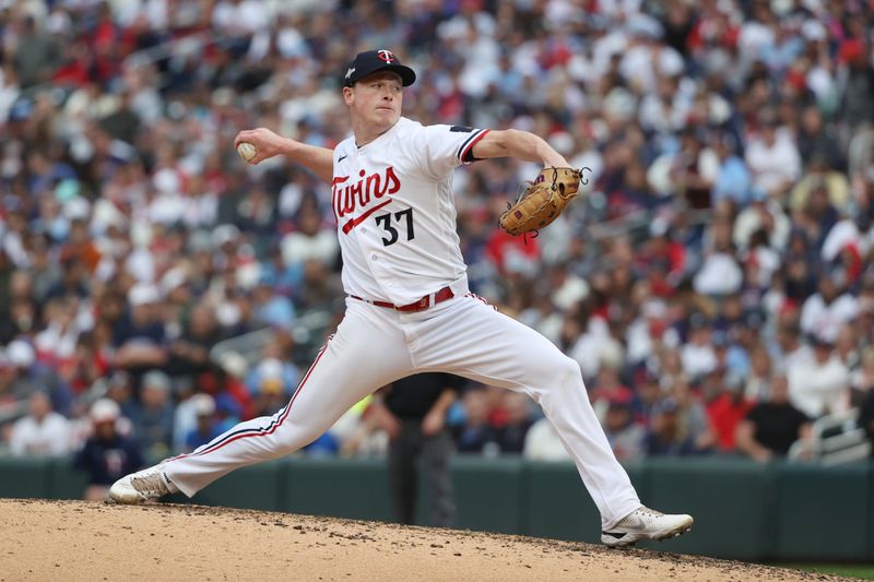 Oct 4, 2023; Minneapolis, Minnesota, USA; Minnesota Twins relief pitcher Louie Varland (37) pitches in the sixth inning against the Toronto Blue Jays during game two of the Wildcard series for the 2023 MLB playoffs at Target Field. Mandatory Credit: Jesse Johnson-USA TODAY Sports