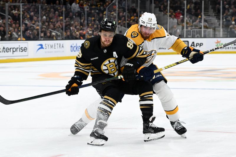 Oct 14, 2023; Boston, Massachusetts, USA; Boston Bruins right wing David Pastrnak (88) skates against Nashville Predators center Yakov Trenin (13) during the third period at the TD Garden. Mandatory Credit: Brian Fluharty-USA TODAY Sports