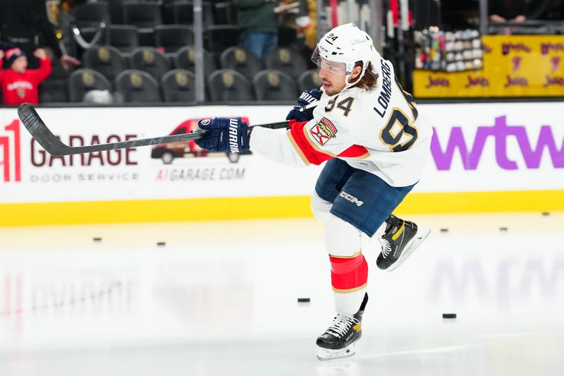 Jan 4, 2024; Las Vegas, Nevada, USA; Florida Panthers left wing Ryan Lomberg (94) warms up before a game against the Vegas Golden Knights at T-Mobile Arena. Mandatory Credit: Stephen R. Sylvanie-USA TODAY Sports