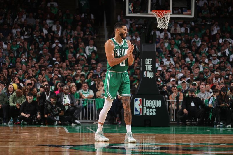 BOSTON, MA - OCTOBER 22: Jayson Tatum #0 of the Boston Celtics smiles during the game against the New York Knicks on October 22, 2024 at TD Garden in Boston, Massachusetts. NOTE TO USER: User expressly acknowledges and agrees that, by downloading and or using this Photograph, user is consenting to the terms and conditions of the Getty Images License Agreement. Mandatory Copyright Notice: Copyright 2024 NBAE (Photo by Nathaniel S. Butler/NBAE via Getty Images)