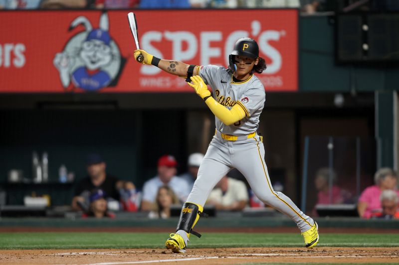 Aug 19, 2024; Arlington, Texas, USA; Pittsburgh Pirates center fielder Ji Hwan Bae (3) singles in the third inning against the Texas Rangers at Globe Life Field. Mandatory Credit: Tim Heitman-USA TODAY Sports