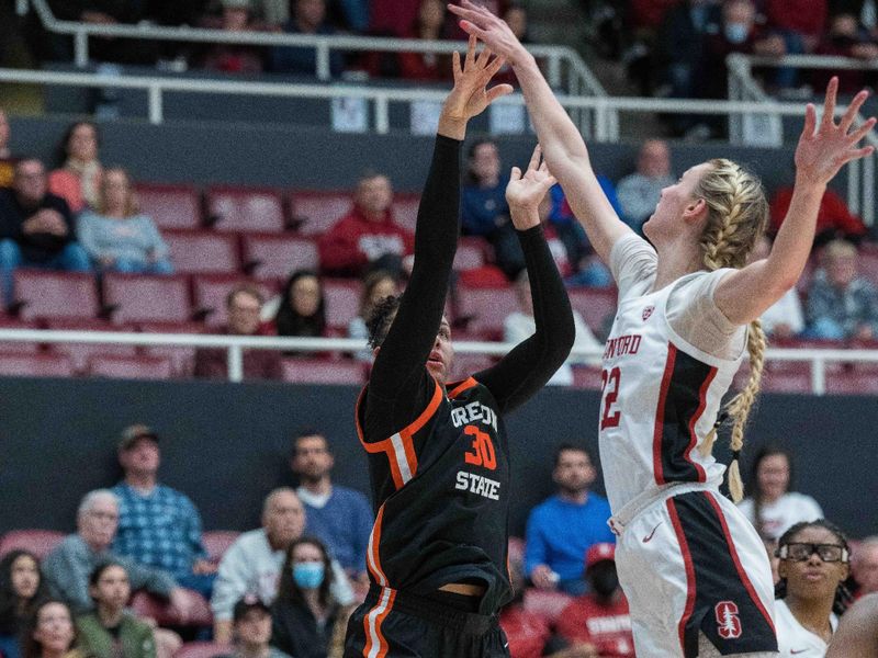 Jan 27, 2023; Stanford, California, USA; Oregon State Beavers forward Timea Gardiner (30) shoots the basketball against Stanford Cardinal forward Cameron Brink (22) during the fourth quarter at Maples Pavilion. Mandatory Credit: Neville E. Guard-USA TODAY Sports