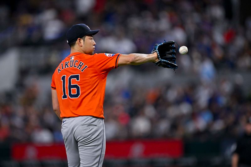 Aug 7, 2024; Arlington, Texas, USA;  Houston Astros starting pitcher Yusei Kikuchi (16) pitches against the Texas Rangers during the fourth inning at Globe Life Field. Mandatory Credit: Jerome Miron-USA TODAY Sports