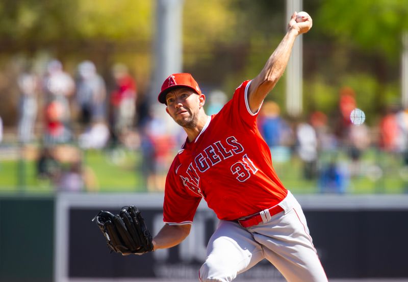 Mar 14, 2024; Phoenix, Arizona, USA; Los Angeles Angels pitcher Tyler Anderson against the Chicago White Sox during a spring training baseball game at Camelback Ranch-Glendale. Mandatory Credit: Mark J. Rebilas-USA TODAY Sports