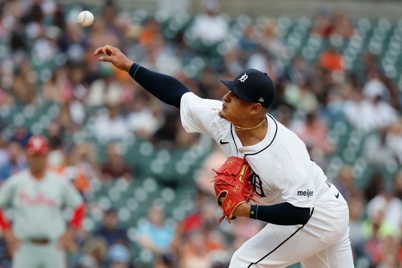 Jun 26, 2024; Detroit, Michigan, USA; Detroit Tigers pitcher Keider Montero (54) throws against the Philadelphia Phillies in the fifth inning at Comerica Park. Mandatory Credit: Rick Osentoski-USA TODAY Sports