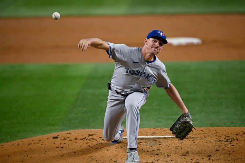 Sep 17, 2024; Arlington, Texas, USA; Toronto Blue Jays starting pitcher Chris Bassitt (40) pitches against the Texas Rangers during the first inning at Globe Life Field. Mandatory Credit: Jerome Miron-Imagn Images