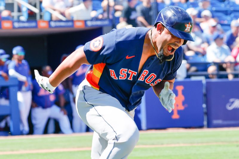 Feb 28, 2023; Port St. Lucie, Florida, USA; Houston Astros first baseman Jose Abreu (79) runs to first after hitting a double during the first inning against the New York Mets at Clover Park. Mandatory Credit: Reinhold Matay-USA TODAY Sports