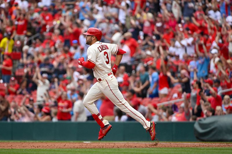 May 6, 2023; St. Louis, Missouri, USA;  St. Louis Cardinals center fielder Dylan Carlson (3) runs the bases after hitting a three run home run against the Detroit Tigers during the second inning at Busch Stadium. Mandatory Credit: Jeff Curry-USA TODAY Sports