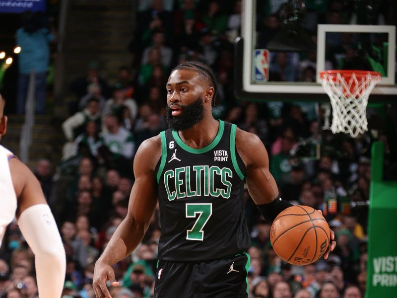 BOSTON, MA - FEBRUARY 3: Jaylen Brown #7 of the Boston Celtics dribbles the ball during the game against the Phoenix Suns on February 3, 2023 at TD Garden in Boston, Massachusetts.  NOTE TO USER: User expressly acknowledges and agrees that, by downloading and or using this photograph, User is consenting to the terms and conditions of the Getty Images License Agreement. Mandatory Copyright Notice: Copyright 2022 NBAE  (Photo by Nathaniel S. Butler/NBAE via Getty Images)