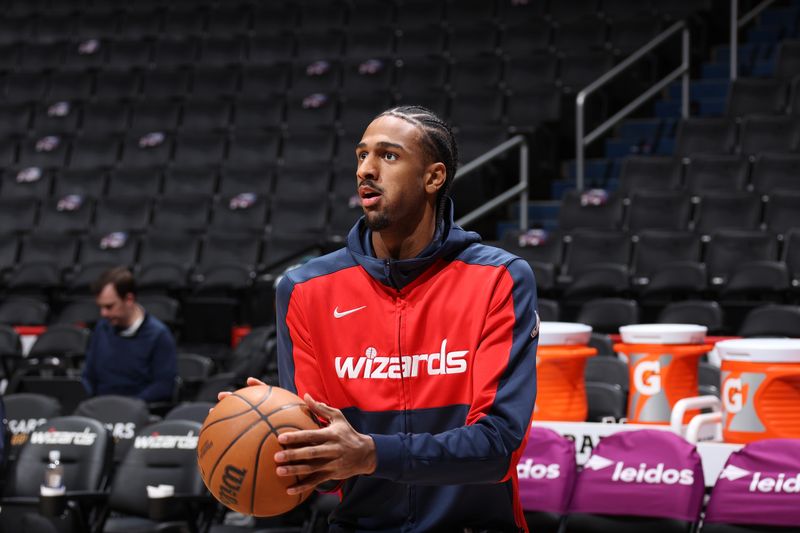 WASHINGTON, DC -?JANUARY 16 : Alexandre Sarr #20 of the Washington Wizards warms up before the game against the Phoenix Suns on January 16, 2025 at Capital One Arena in Washington, DC. NOTE TO USER: User expressly acknowledges and agrees that, by downloading and or using this Photograph, user is consenting to the terms and conditions of the Getty Images License Agreement. Mandatory Copyright Notice: Copyright 2024 NBAE (Photo by Stephen Gosling/NBAE via Getty Images)