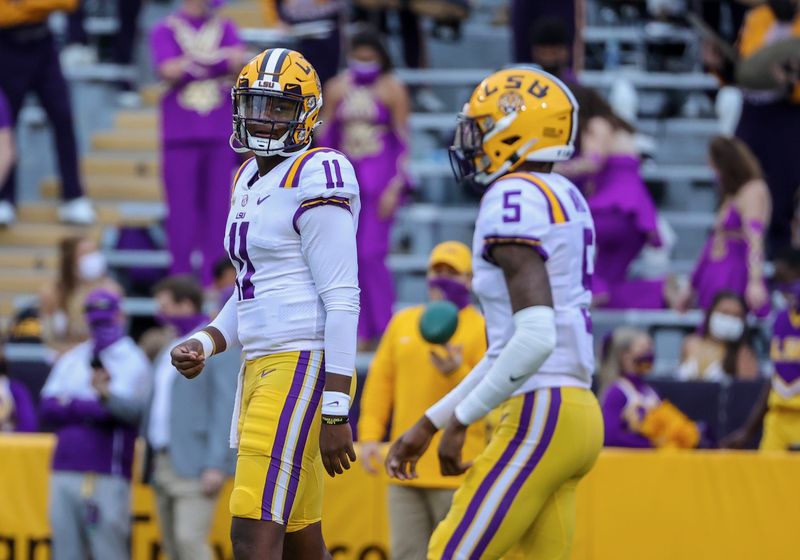 Oct 24, 2020; Baton Rouge, Louisiana, USA; LSU Tigers quarterback TJ Finley (11) prior to kickoff against the South Carolina Gamecocks at Tiger Stadium. Mandatory Credit: Derick E. Hingle-USA TODAY Sports