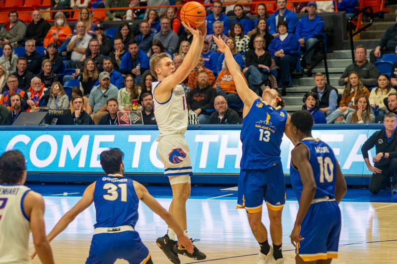 Jan 3, 2023; Boise, Idaho, USA; Boise State Broncos guard Jace Whiting (15) shoots the ball during second half action versus San Jose State Spartans at ExtraMile Arena. Mandatory Credit: Brian Losness-USA TODAY Sports

