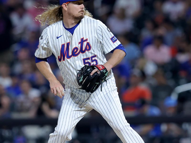 Jul 30, 2024; New York City, New York, USA; New York Mets relief pitcher Ryne Stanek (55) pitches against the Minnesota Twins during the eighth inning at Citi Field. Mandatory Credit: Brad Penner-USA TODAY Sports