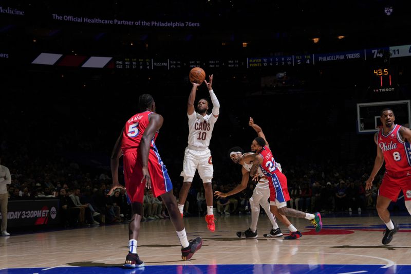 PHILADELPHIA, PA - FEBRUARY 23: Darius Garland #10 of the Cleveland Cavaliers shoots the ball during the game against the Philadelphia 76ers on February 23, 2024 at the Wells Fargo Center in Philadelphia, Pennsylvania NOTE TO USER: User expressly acknowledges and agrees that, by downloading and/or using this Photograph, user is consenting to the terms and conditions of the Getty Images License Agreement. Mandatory Copyright Notice: Copyright 2024 NBAE (Photo by Jesse D. Garrabrant/NBAE via Getty Images)