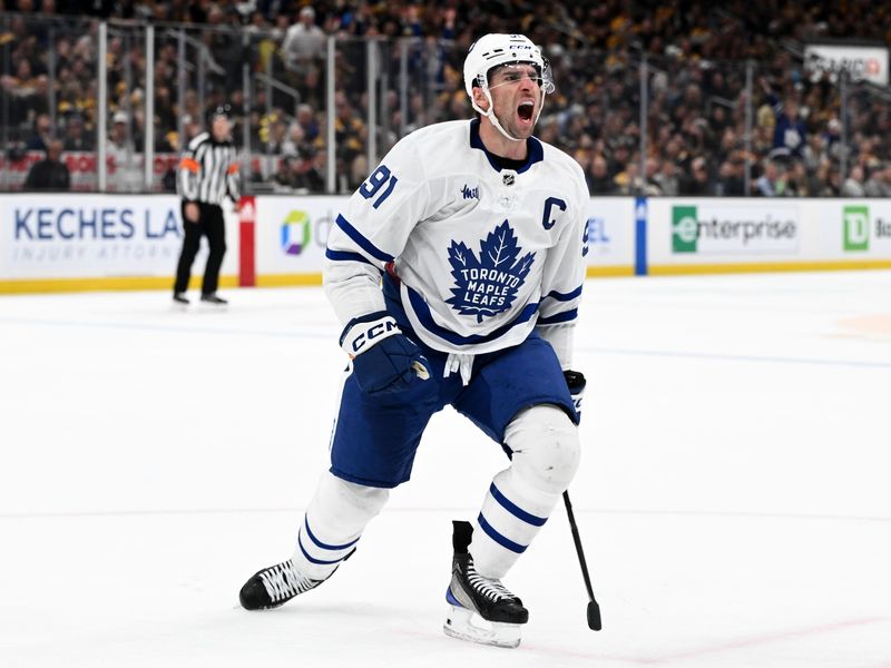 Apr 22, 2024; Boston, Massachusetts, USA; Toronto Maple Leafs center John Tavares (91) reacts after scoring a goal against the Boston Bruins during the second period in game two of the first round of the 2024 Stanley Cup Playoffs at TD Garden. Mandatory Credit: Brian Fluharty-USA TODAY Sports