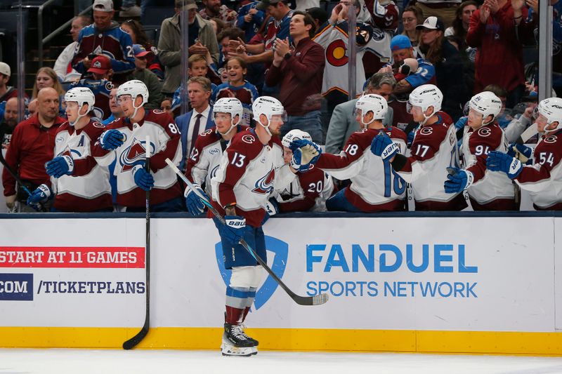 Oct 16, 2025; Columbus, Ohio, USA; Colorado Avalanche right wing Valeri Nichushkin (13) celebrates his goal against the Columbus Blue Jackets during the third period at Nationwide Arena. Mandatory Credit: Russell LaBounty-Imagn Images